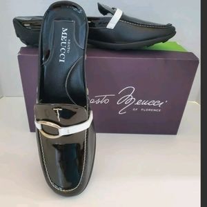 Sesto Meucci slide-on mules black patent leather with silver buckles . Size 9.5.